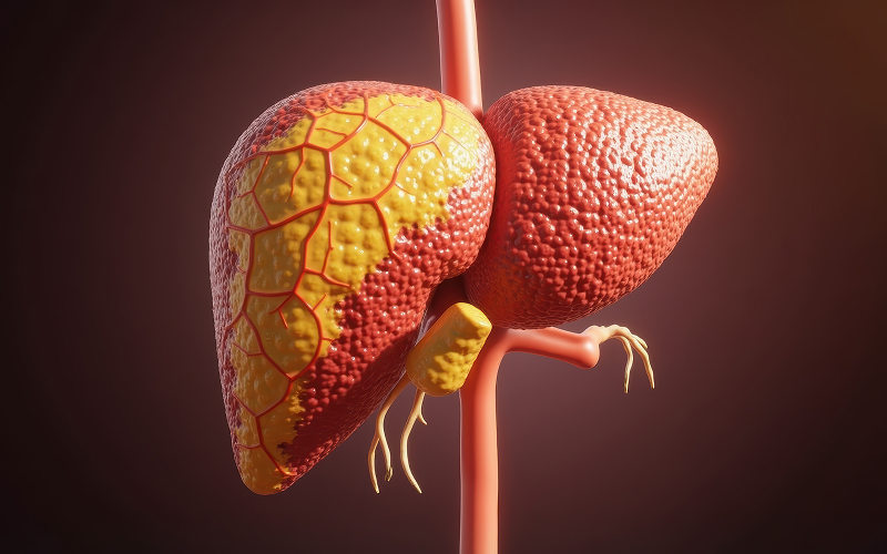3D anatomical model showing fatty liver disease progression.