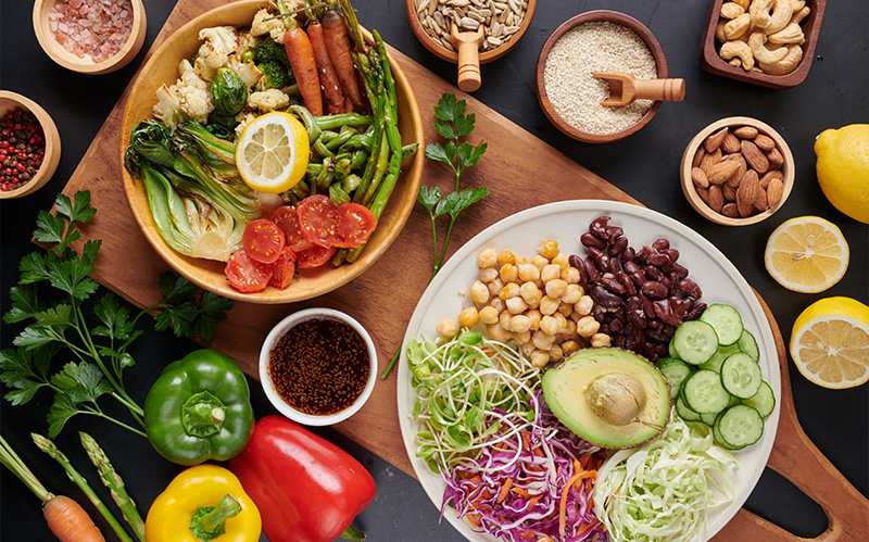Healthy bowls filled with colorful vegetables.