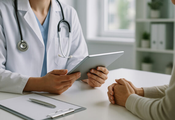 Doctor sharing digital test results detailing first-degree heart block causes.