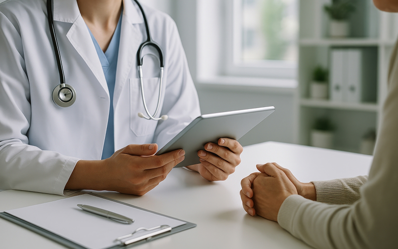 Doctor sharing digital test results detailing first-degree heart block causes.
